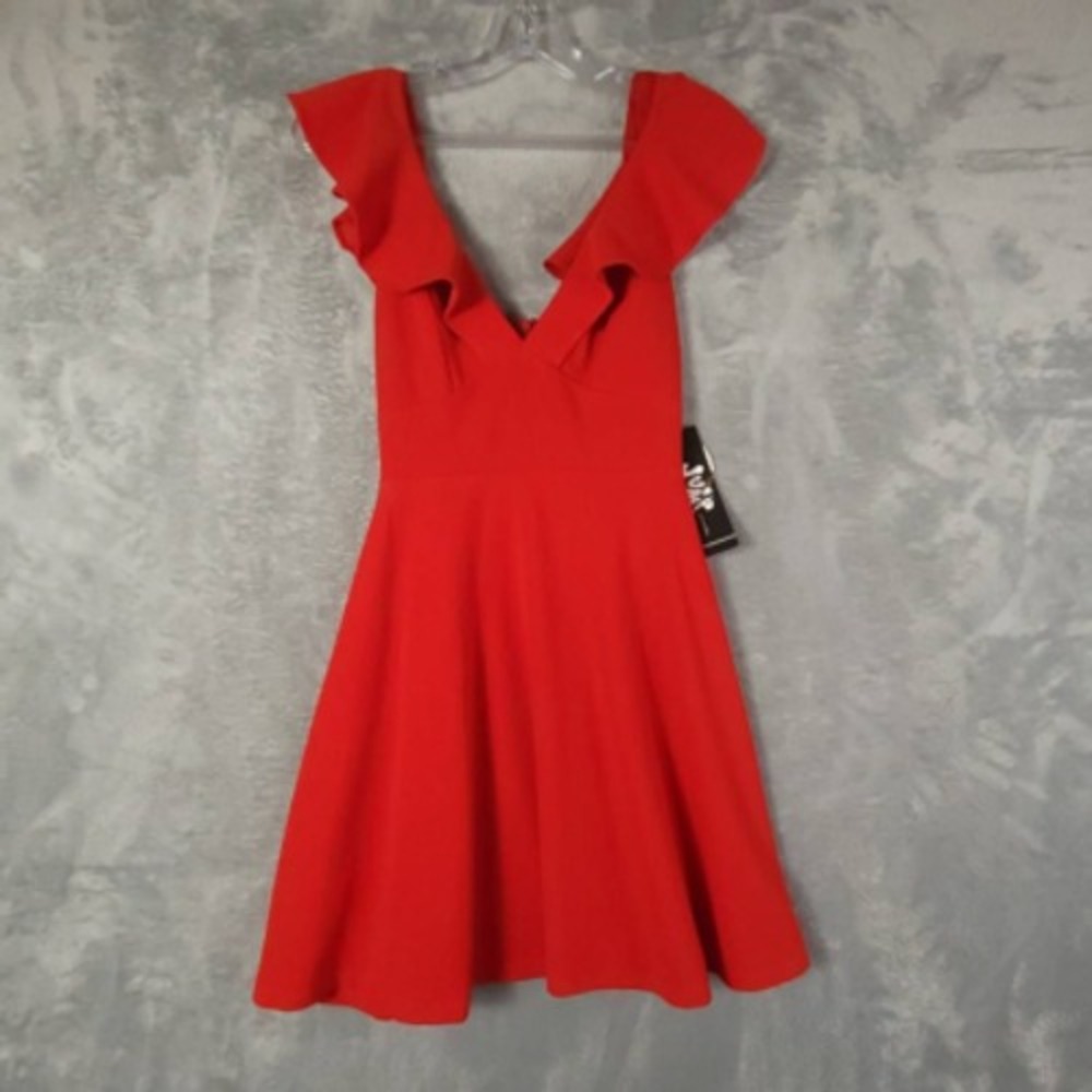 Jump Apparel Dress Womens Fit & Flare Red Stretch V Neck Cap Sleeve XS New‎
